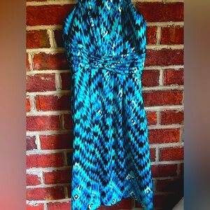 Bright turquoise,blue, green and black strapless geometric cocktail dress